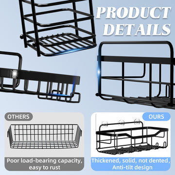 Metal wall-mounted shelves comparison with product details on a light blue background