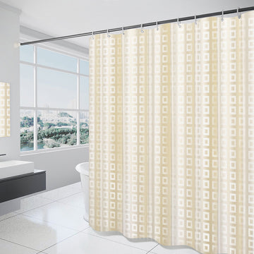 Yellow checker shower curtain in a bathroom setting