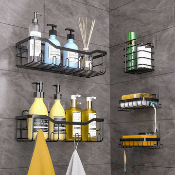 Bathroom shelves with various bathroom items on a gray tiled wall