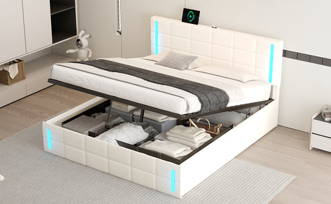 Queen Size Upholstered Bed with LED Lights Hydraulic Storage System and USB Charging Station White