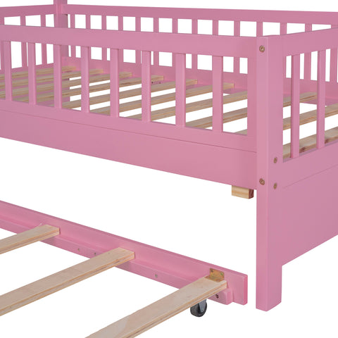 Wooden Twin Size House Bed with Trundle Kids Bed with Shelf Pink