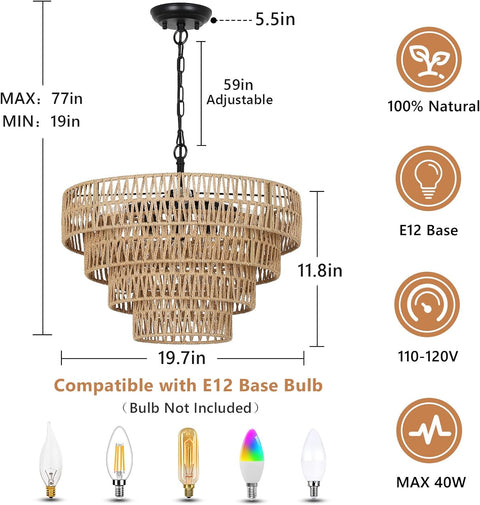 6-Light Dining Room Light Fixture, Wicker Pendant Lighting with 4-Tier Woven Lampshade, Large Farmhouse Chandeliers (20")