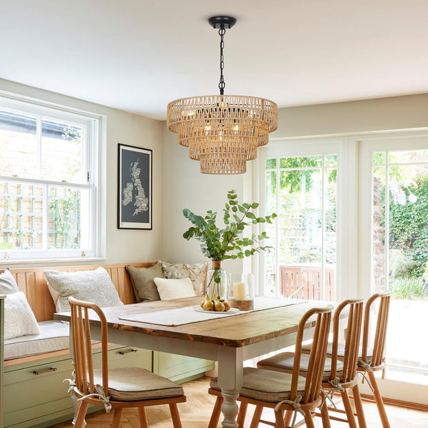 6-Light Dining Room Light Fixture, Wicker Pendant Lighting with 4-Tier Woven Lampshade, Large Farmhouse Chandeliers (20")