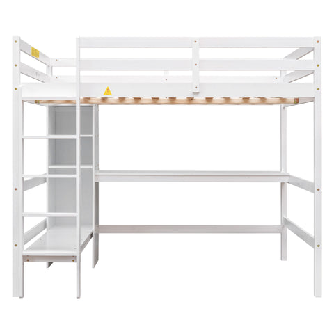 Full Size Loft Bed with Multifunction Shelves and Under-bed Desk  White