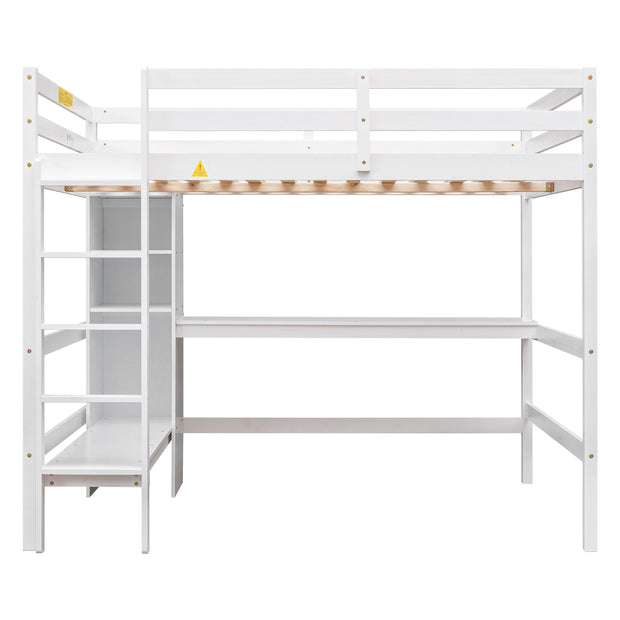 Full Size Loft Bed with Multifunction Shelves and Under-bed Desk  White