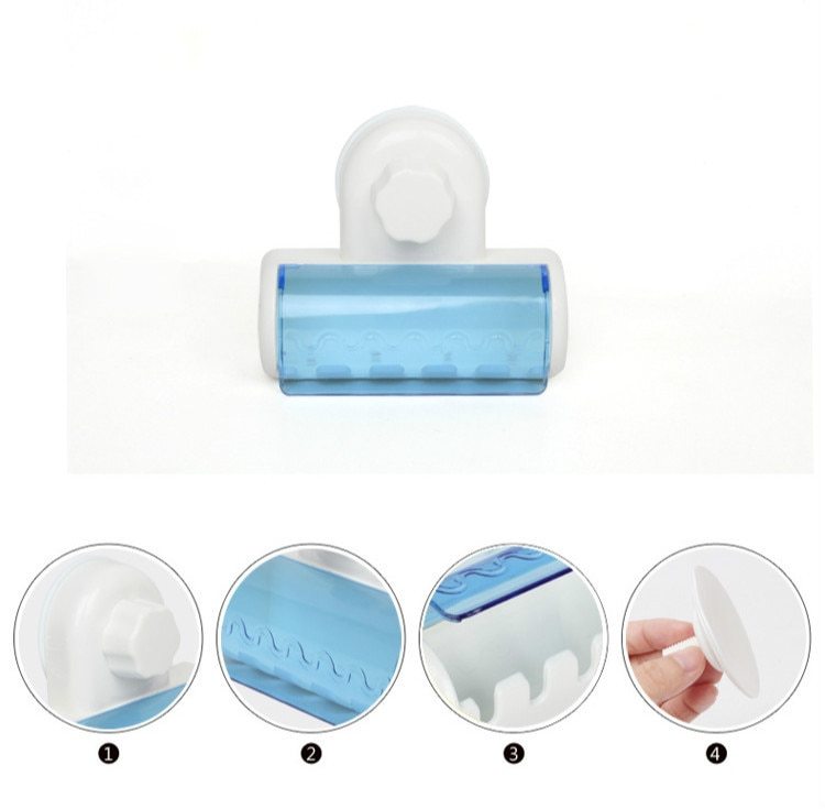 A toothbrush holder and close-up details of it's features on a white background