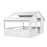 Wood Full Size House Bed with Roof, Window and Guardrail White