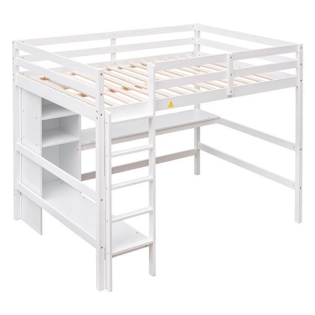 Full Size Loft Bed with Multifunction Shelves and Under-bed Desk  White