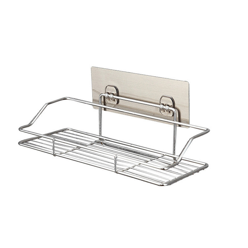 Metal wall-mounted shower caddy with a rectangular basket on a white background