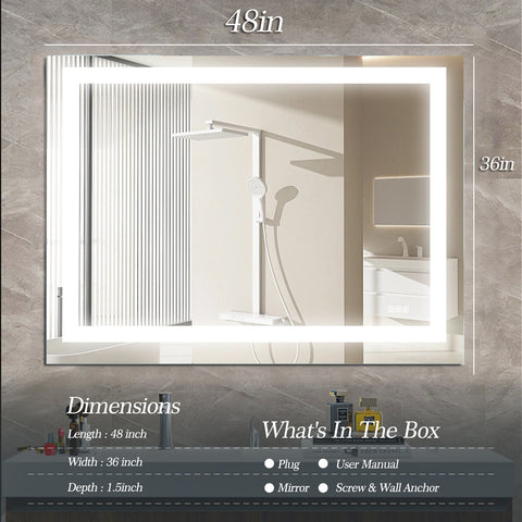 LED Bathroom Mirror 48x 36 Inch with lights, anti-Fog & Dimming Led Bathroom Vanity Mirror