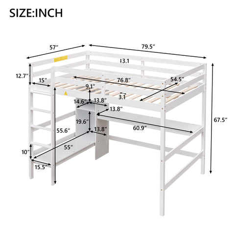 Full Size Loft Bed with Multifunction Shelves and Under-bed Desk  White