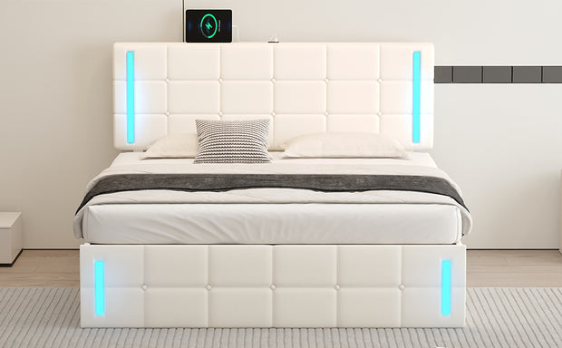 Queen Size Upholstered Bed with LED Lights Hydraulic Storage System and USB Charging Station White