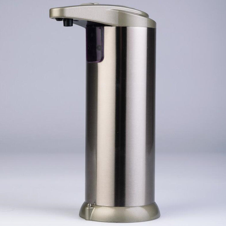 Stainless steel soap dispenser on a light gray background
