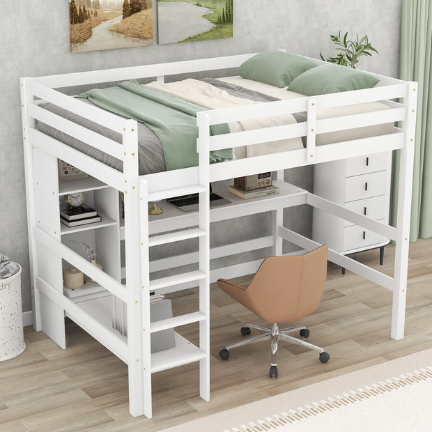 Full Size Loft Bed with Multifunction Shelves and Under-bed Desk  White