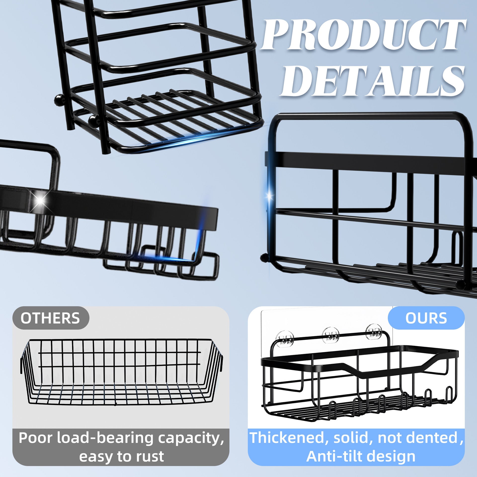 Metal wall-mounted shelves comparison with product details on a light blue background