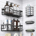 Bathroom shelves with toiletries against a tiled wall