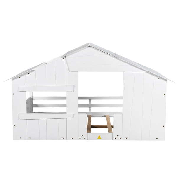 Wood Full Size House Bed with Roof, Window and Guardrail White