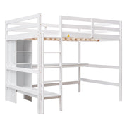 Full Size Loft Bed with Multifunction Shelves and Under-bed Desk  White