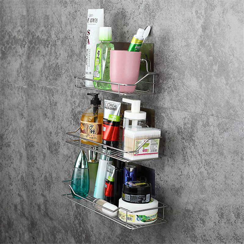 Metal wall-mounted shower caddy with a rectangular basket on a white background