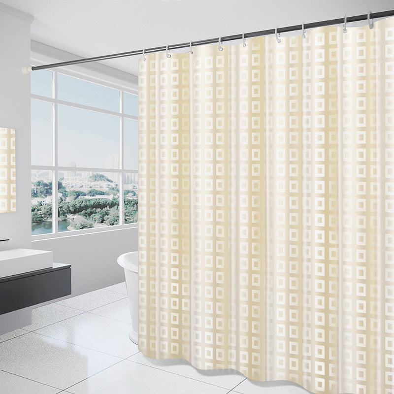 Yellow checker shower curtain in a bathroom setting