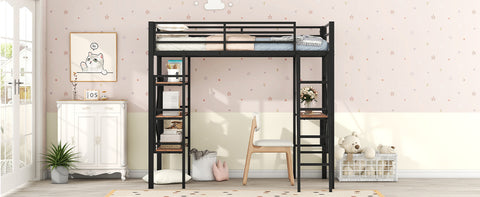 Twin Size Metal Loft Bed with Shelves and Desk, Black