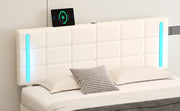 Queen Size Upholstered Bed with LED Lights Hydraulic Storage System and USB Charging Station White