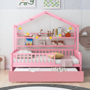 Wooden Twin Size House Bed with Trundle Kids Bed with Shelf Pink