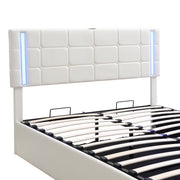 Queen Size Upholstered Bed with LED Lights Hydraulic Storage System and USB Charging Station White