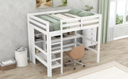 Full Size Loft Bed with Multifunction Shelves and Under-bed Desk  White