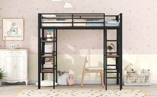 Twin Size Metal Loft Bed with Shelves and Desk, Black