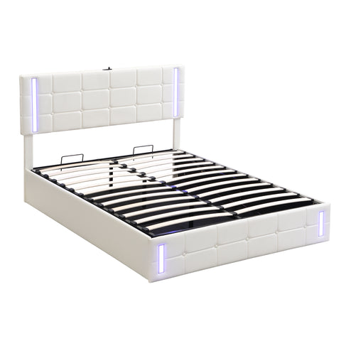 Queen Size Upholstered Bed with LED Lights Hydraulic Storage System and USB Charging Station White