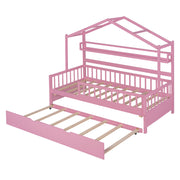 Wooden Twin Size House Bed with Trundle Kids Bed with Shelf Pink