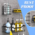 Rust-proof shower caddy with bathroom bottles and toothbrush supplies on a tiled wall.