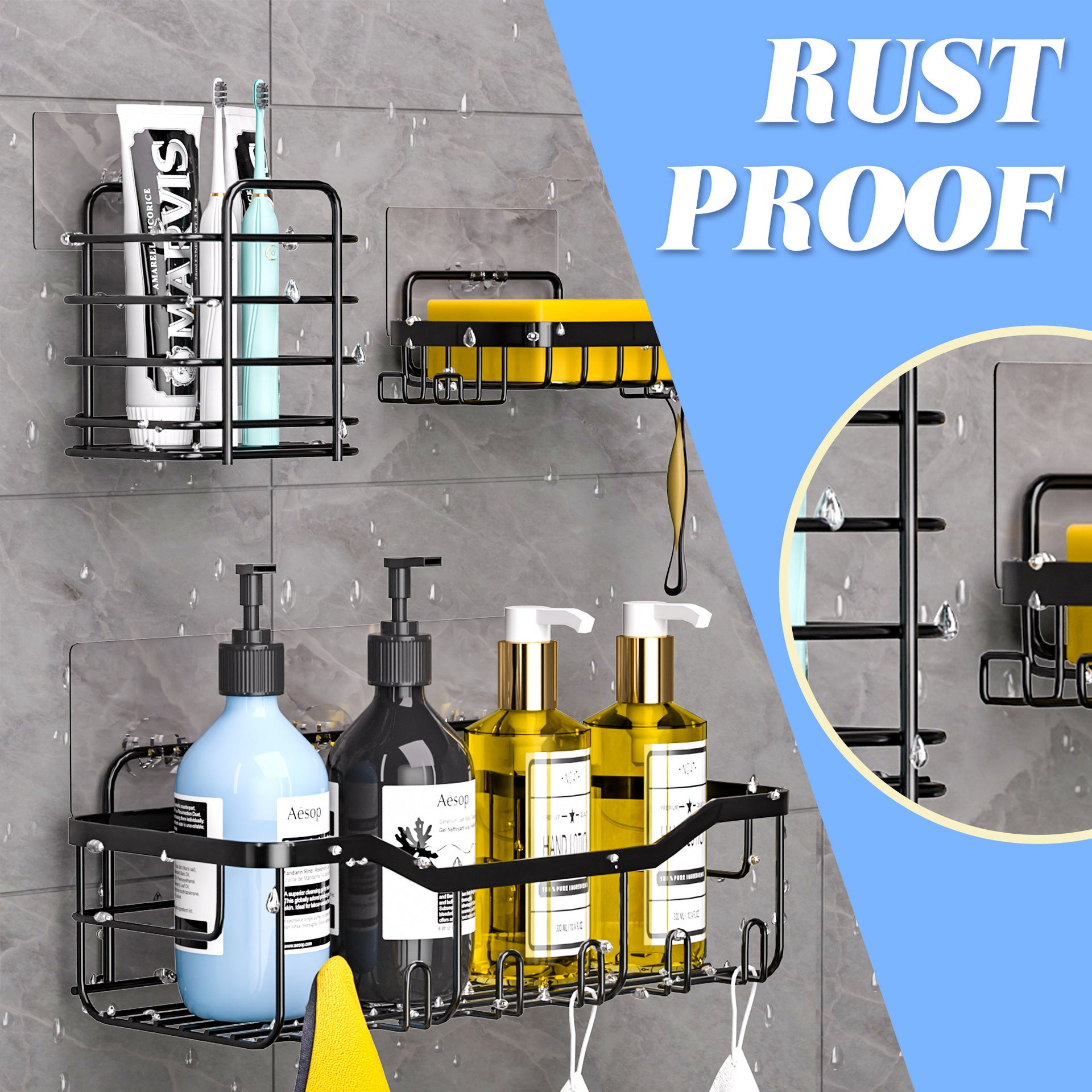 Rust-proof shower caddy with bathroom bottles and toothbrush supplies on a tiled wall.