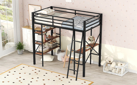 Twin Size Metal Loft Bed with Shelves and Desk, Black