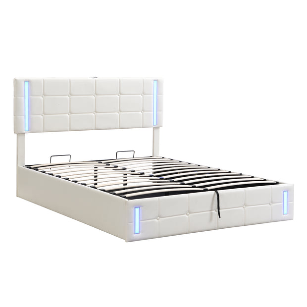 Queen Size Upholstered Bed with LED Lights Hydraulic Storage System and USB Charging Station White