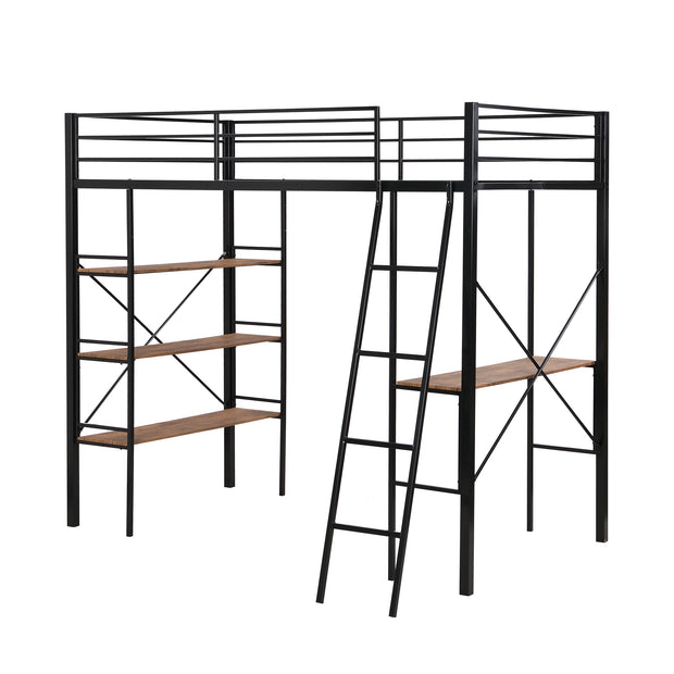 Twin Size Metal Loft Bed with Shelves and Desk, Black