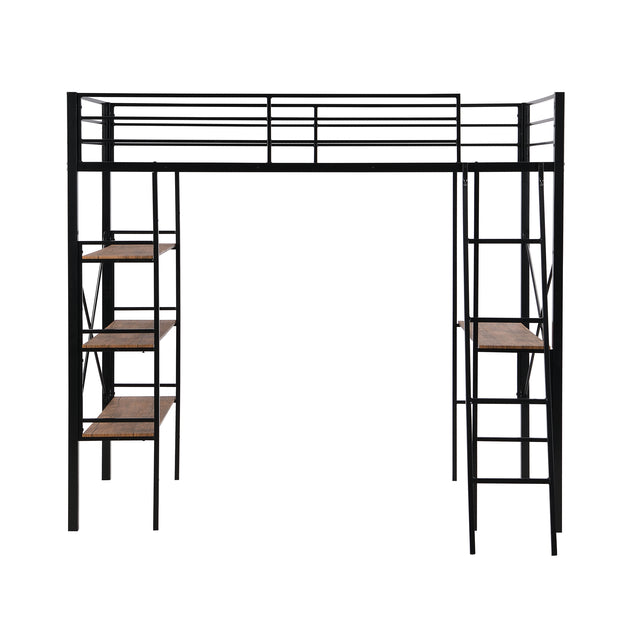 Twin Size Metal Loft Bed with Shelves and Desk, Black