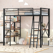 Twin Size Metal Loft Bed with Shelves and Desk, Black