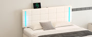 Queen Size Upholstered Bed with LED Lights Hydraulic Storage System and USB Charging Station White