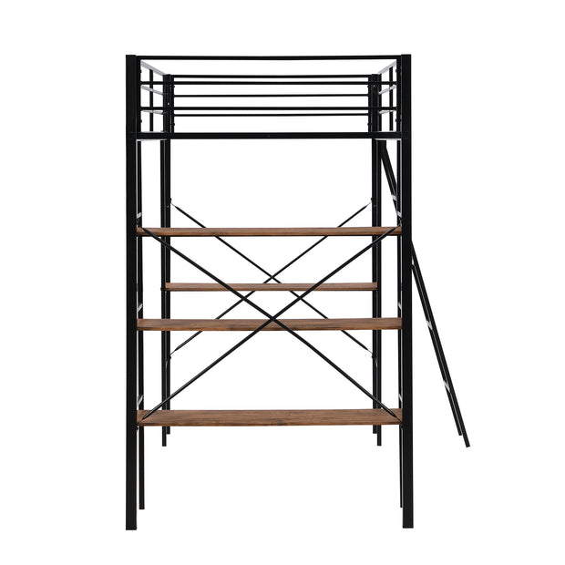 Twin Size Metal Loft Bed with Shelves and Desk, Black