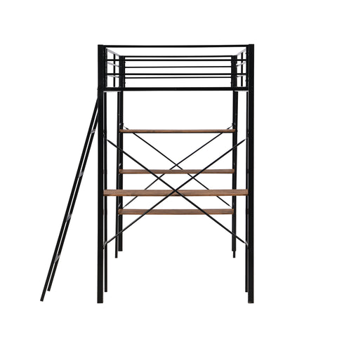 Twin Size Metal Loft Bed with Shelves and Desk, Black