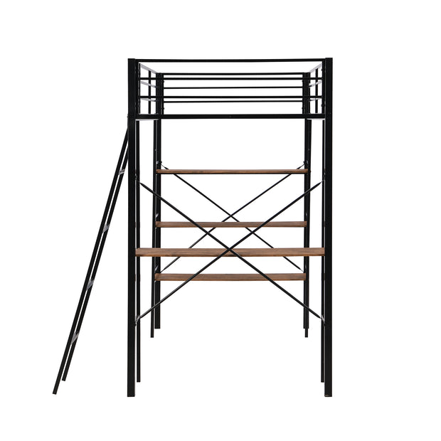 Twin Size Metal Loft Bed with Shelves and Desk, Black