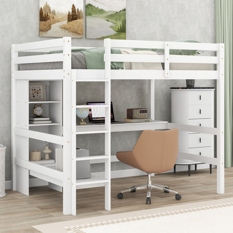 Full Size Loft Bed with Multifunction Shelves and Under-bed Desk  White