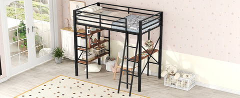 Twin Size Metal Loft Bed with Shelves and Desk, Black