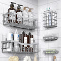 Gray bathroom shelves with toiletries against a tiled wall