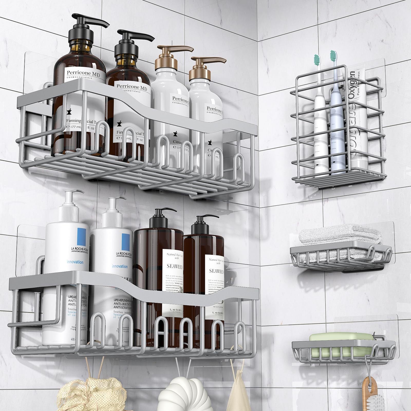 Gray bathroom shelves with toiletries against a tiled wall