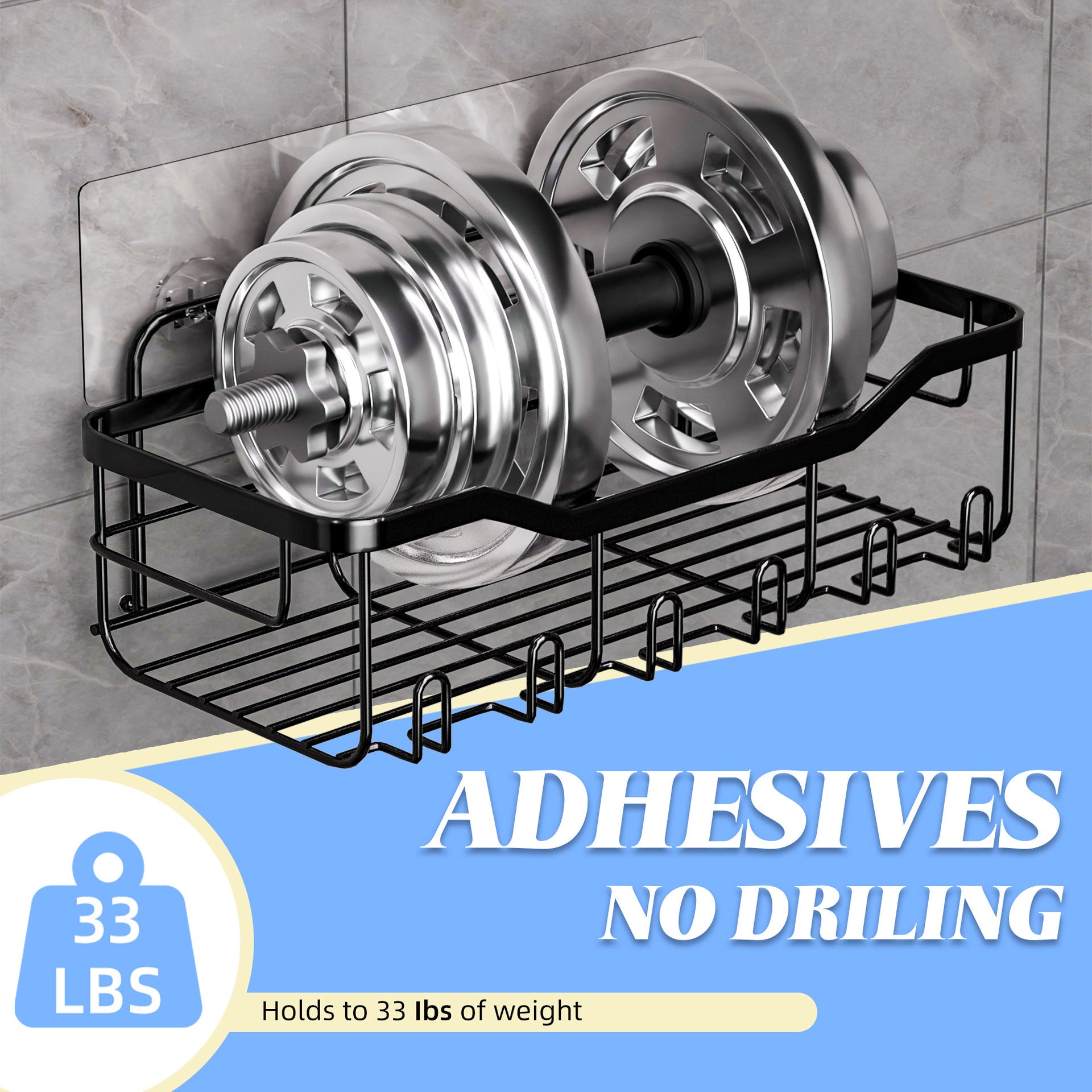 33 lbs Dumbbell set on a wall-mounted metal rack with adhesive backing, on a tiled wall background.