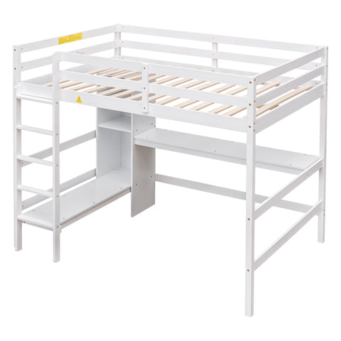 Full Size Loft Bed with Multifunction Shelves and Under-bed Desk  White