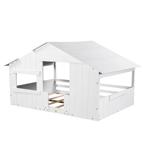 Wood Full Size House Bed with Roof, Window and Guardrail White